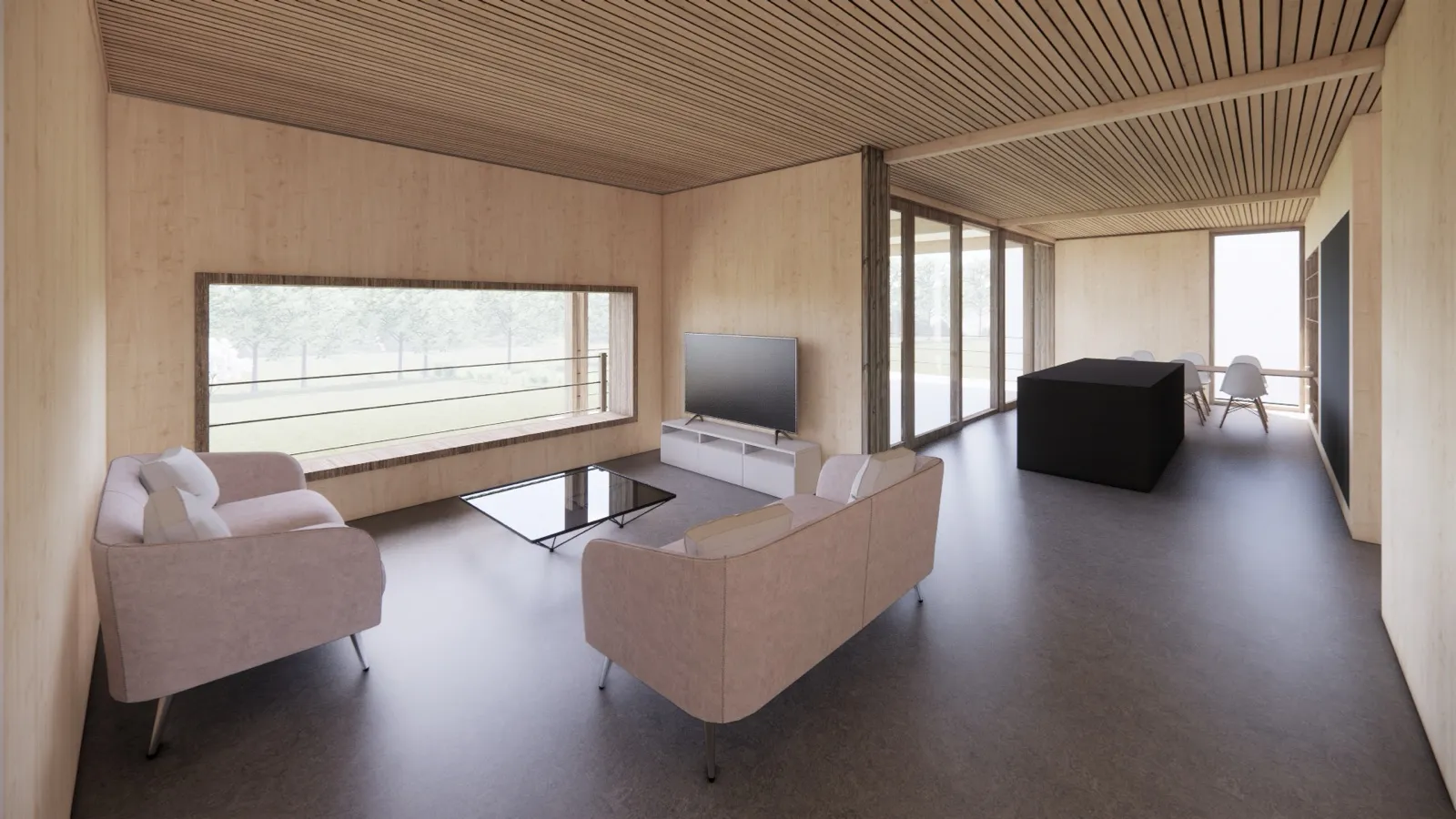Interieur met zichtbare houten CLT-wanden en een houten latten-plafond
